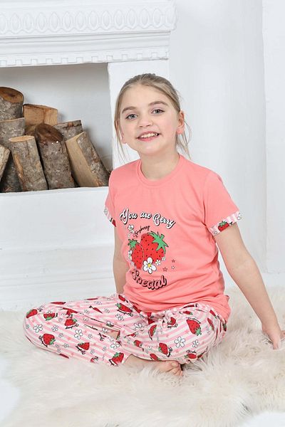 GRI MOR TEKSTIL 100% Cotton Strawberry Patterned Girl's Pizzama Set