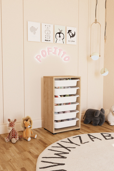 POFİTTO 6 Sepetli Dolap Oyuncak Dolabı Çok Amaçlı Mutfak Kiler Banyo Dolabı Safir Meşe