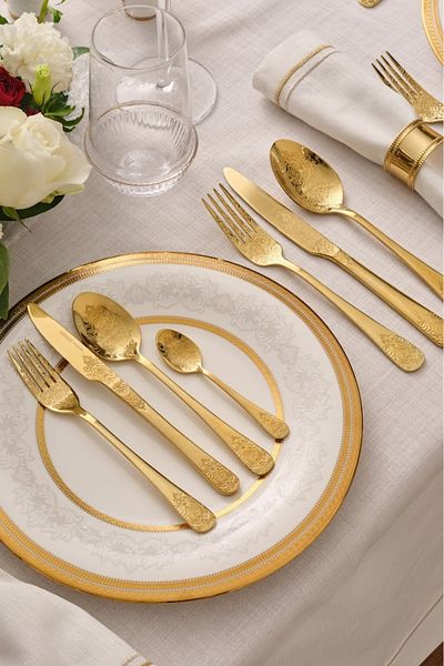 Karaca Elegance Bellatrix 84 Piece 12 Person Cutlery Set Gold