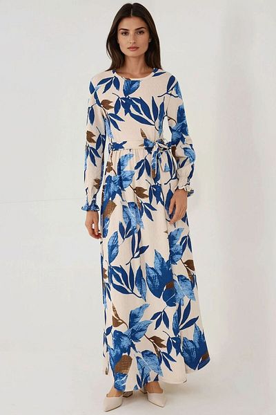 Hiccup Rochie modestă tricotată cu mâneci lungi și curea cu imprimeu floral