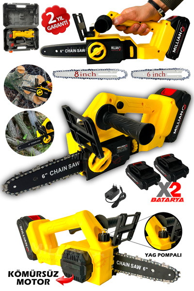 Millian Kömürsüz Motor Yağ Pompalı Dal Budama Testeresi Çift Bataryalı Çift P...