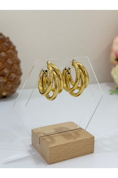 Tasarım Çelik Gold Üçlü Tasarım Sallantılı Halka Küpe - Büyük - 4 cm