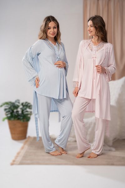 Pelin Set de pijamale de maternitate din 3 piese pentru femei, cu dungi jacquard