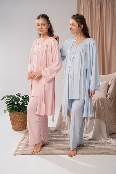LOHOUSE Set de pijamale de maternitate pentru femei, cu guler albastru, cu design special, 3 piese