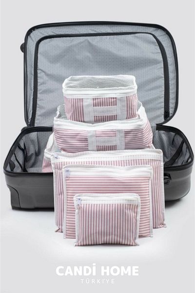 HOBİ CONDİ New Premium Special Series Design 6 Piece Suitcase Organizer Set - Pink White Striped