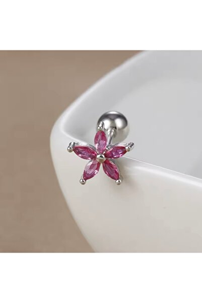 BY DİLEK ÇETİN ACCESSORY Çelik pembe taşlı çiçek model kıkırdak helix tragus ...