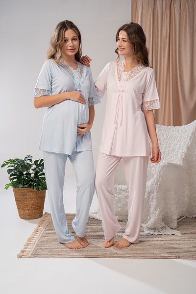 LOHOUSE Set de pijamale de maternitate pentru femei, albastru, jacquard, cu design special, 3 piese