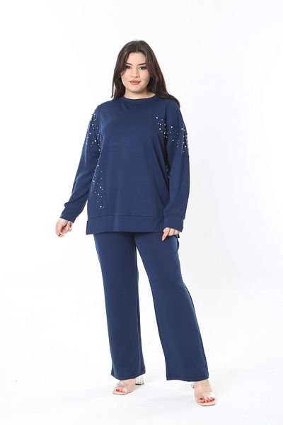 Şans Women's Large Size Navy Blue Stone Detailed Crew Neck Tracksuit Suit 65N38662