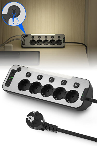 Aksesuarcı Bağımsız Anahtarlı 5'li Işıklı Akım Korumalı Çoklu Priz, 2x USB - 2x Type-C Giriş, Metal Ön Panel
