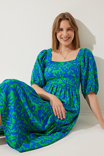 Lovelyİstanbul Square Neck Balloon Sleeve Viscose Dress Blue Green Lci0031