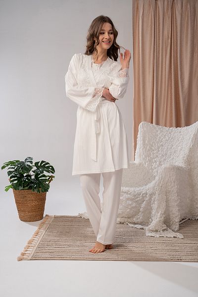 LOHOUSE Women's Ecru Jacquard Special Lace Design Maternity Pregnant 3-Piece Pajama Set