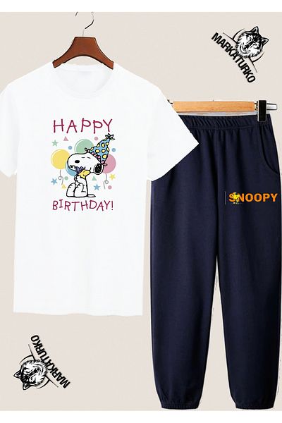 MarkaTurko Snoopy Special Design Summer White T-Shirt and Sweatpants Combination