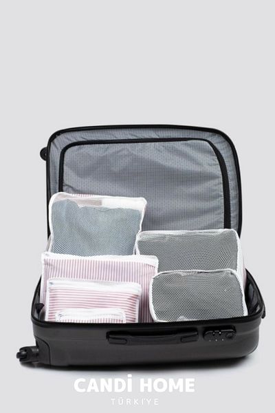 HOBİ CONDİ New Premium Special Series Design 6 Piece Suitcase Organizer Set - Pink White Striped