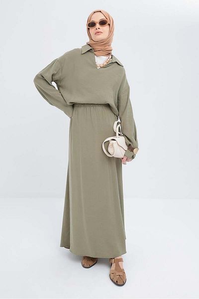 ALLDAY Khaki-V Neck Modal Skirt Suit