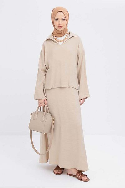 ALLDAY Beige-V Neck Modal Skirt Suit