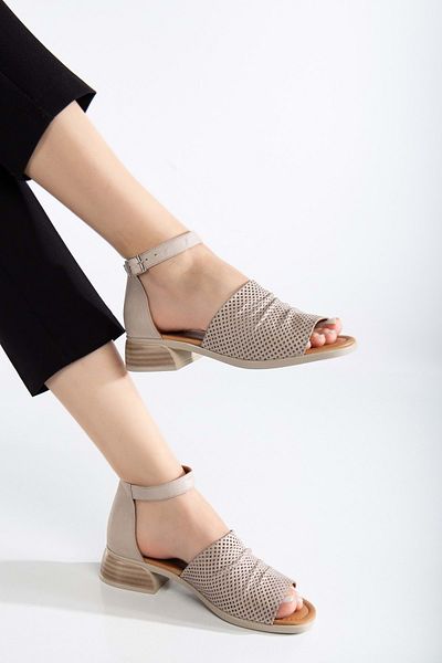 ANALİN SHOES Sandale de damă din piele naturală cu curea groasă cu toc mic - gri argintiu
