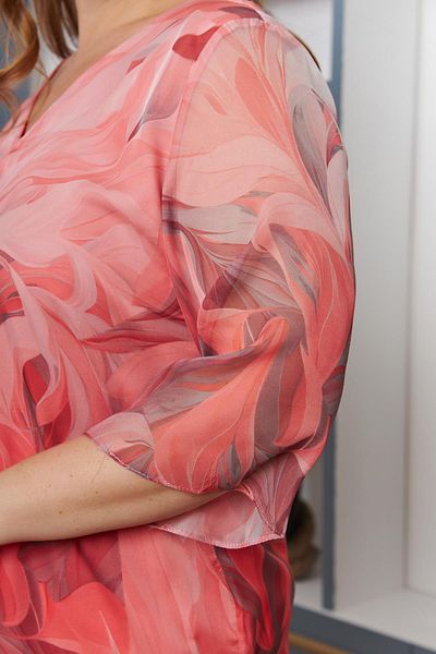 RMG Large Size Floral Pattern Chiffon Blouse Coral1