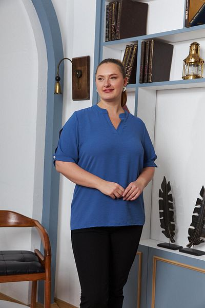 RMG Large Size Indigo1 Detaled Blouse Sleeve Slit