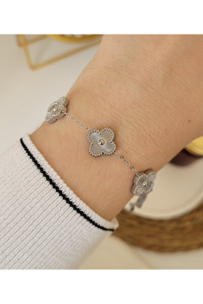 JüpiJewellery Çelik Gümüş Rengi Yonca Çift Taraflı Kadın Erkek Unisex Bileklik