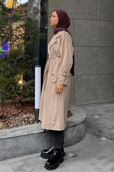 lamelif.com Trench bej cu centură cu mâneci detaliate