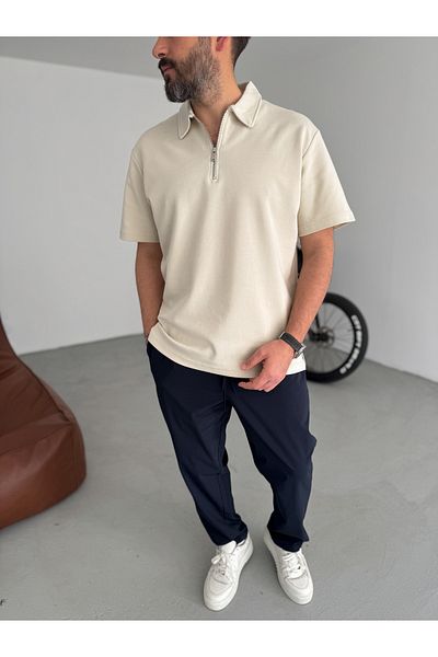 BYBASICMAN Beige Collar Zippered Oversize T-Shirt Ke-7010