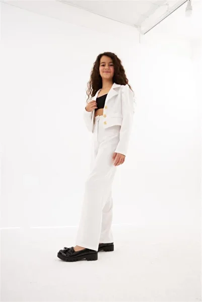Hilal Akıncı Kids Girl's Gold Button Detailed Ornamental Pocket Crop Jacket Wide Leg Pants 2-Piece Set