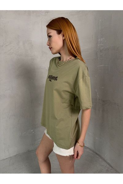Cappmoda T-908 Χακί Κινέζικη Γραπτή Εκτύπωση Injection Tshirt με λαιμόκοψη