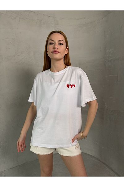 Cappmoda T-911 Λευκό Κόκκινο Καρδιά Κεντημένο Κοντομάνικο Βαμβακερό T-shirt