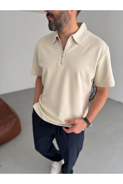 BYBASICMAN Bej Yakalı Fermuarlı Oversize T-Shirt KE-7010