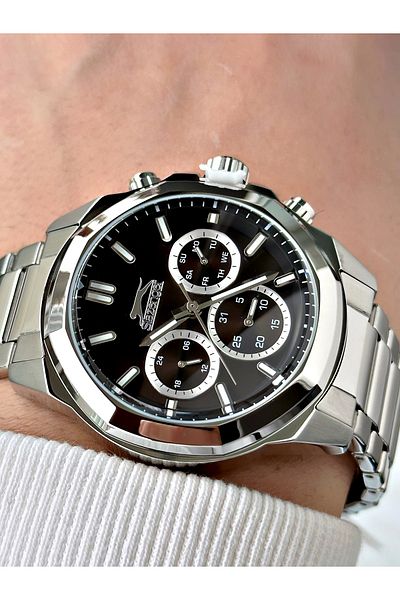 Slazenger Function Silver-Black Color Steel Cord 5 Atm Water Resist Men Wrist Watch 2388.01