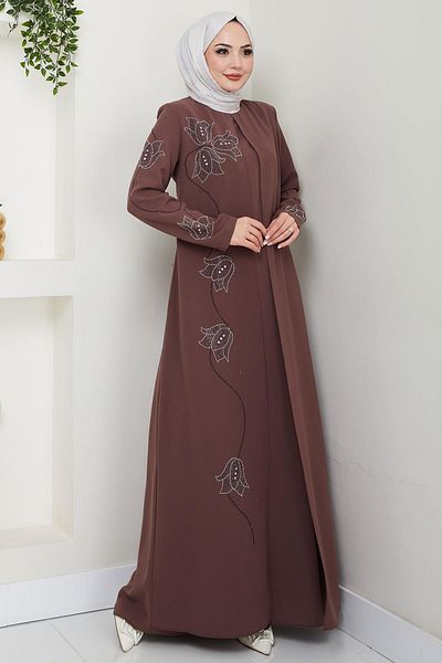 hafsamina Plus Size Tulip Stone Mother Dress Brown Hm2692
