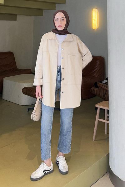 lamelif.com Single Pocket Detailed Gabardine Hijab Shirt Cream