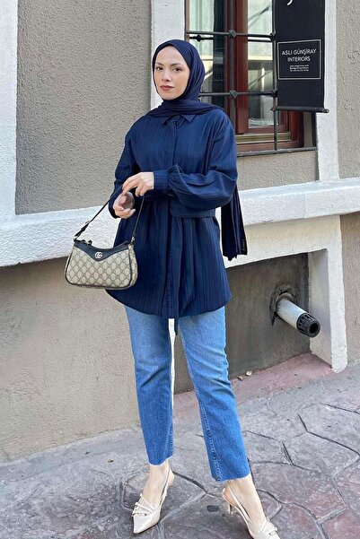 lamelif.com Μπλουζάκι τουνίκ σε μπλε ναυτικό χρώμα με δέσιμο στη μέση