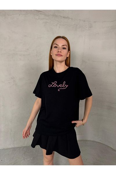 Cappmoda T-904 Black Lovely Text Embroidered Cotton Casual T-Shirt