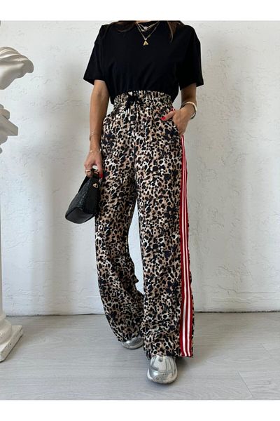QİMYA BUTİK Bebe Plus Women's Elastic Waist Leopard Pattern Loose Pants with Stripes on the Sides