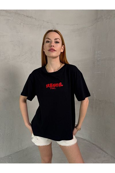 Cappmoda T-908 Black Chinese Writing Injection Print Crew Neck Tshirt