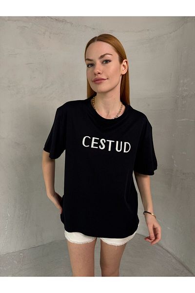 Cappmoda T-907 Black and White Cestud Text Embroidered Short Sleeve Cotton T-Shirt