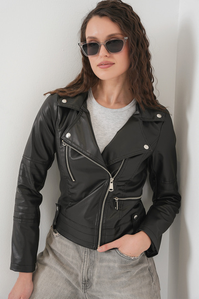 Bigdart Kadın Suni Deri Siyah Biker Ceket 1025