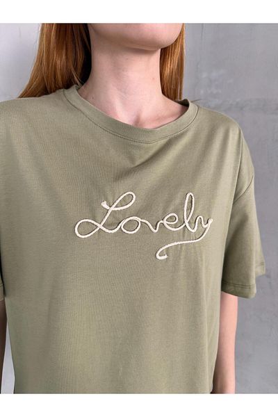 Cappmoda T-904 Χακί Lovely Text Κεντημένο Βαμβακερό Φαρδύ T-Shirt