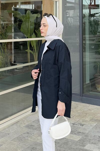 lamelif.com قميص حجاب معقود بجيب واحد من الجبردين باللون الأزرق الداكن