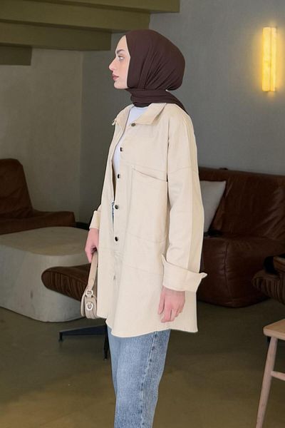 lamelif.com Single Pocket Detailed Gabardine Hijab Shirt Cream
