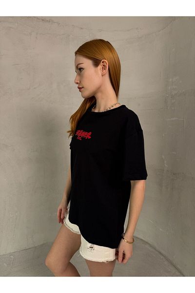 Cappmoda T-908 Black Chinese Writing Injection Print Crew Neck Tshirt