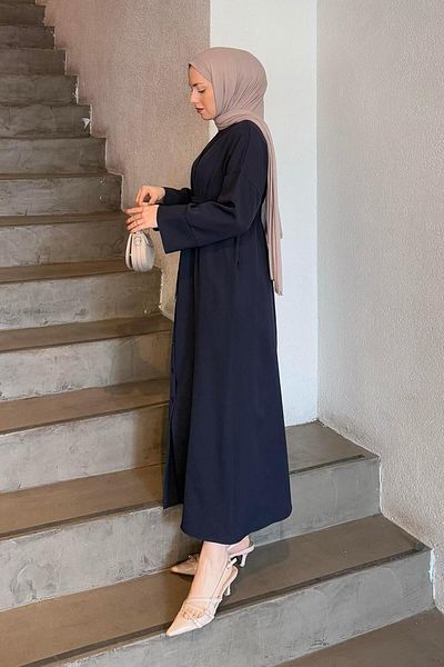 lamelif Fake Cuff Detailed Dumbbell Hijab Dress Navy Blue