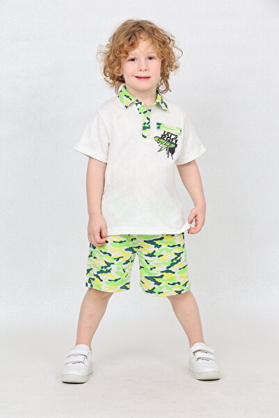 Mollycrush White Green 100% Cotton Boys Camouflage Patterned Suit - Polo Neck T-Shirt and Shorts, Summer Combination