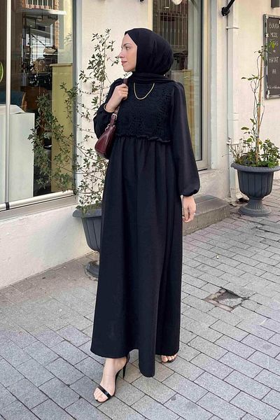 lamelif.com Μαύρο Δαντελένιο Φόρεμα - Λεπτομερές Πλεκτό