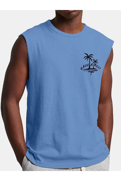 PENTHİLUS Sleeveless Round Neck T-Shirt, Light and Stretchy, Palm Tree Print, Summer Heat Transfer Printing