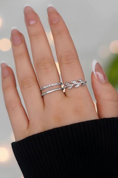 The Collection 2'li Zirkon Taşlı Su Yolu Ve Yaprak Model Gümüş Ayarlanabilir ...