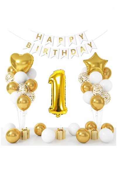 Partile Gold Concept Age Birthday Celebration Set; White Gold Confetti Balloon, Number Star Foil and Banner