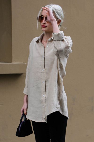 Madmext Beige Muslin Fabric Basic Women's Shirt Mg1660