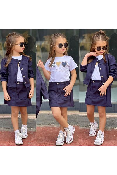 TAYFAKİDS Suede Jacket Skirt Girl Suit Triple Combination Holiday